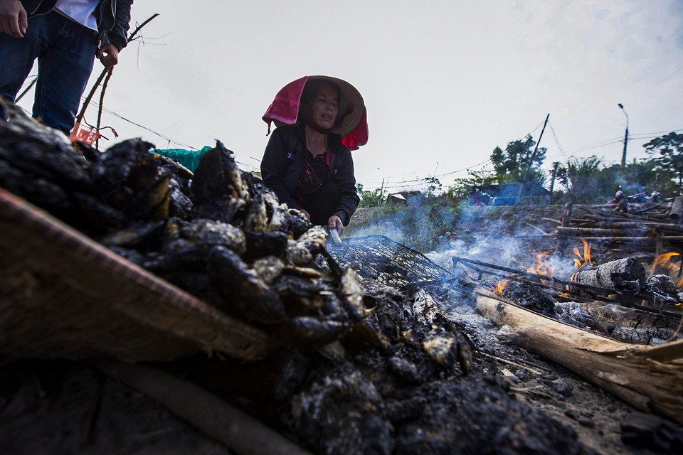 Bà Thú nướng những con cá nhỏ để làm mồi câu, chồng và con trai bà sẽ sử dụng để đi đánh lưới trên sông Đà những lúc chiều tối. (Ảnh: Trọng Đạt/TTXVN)