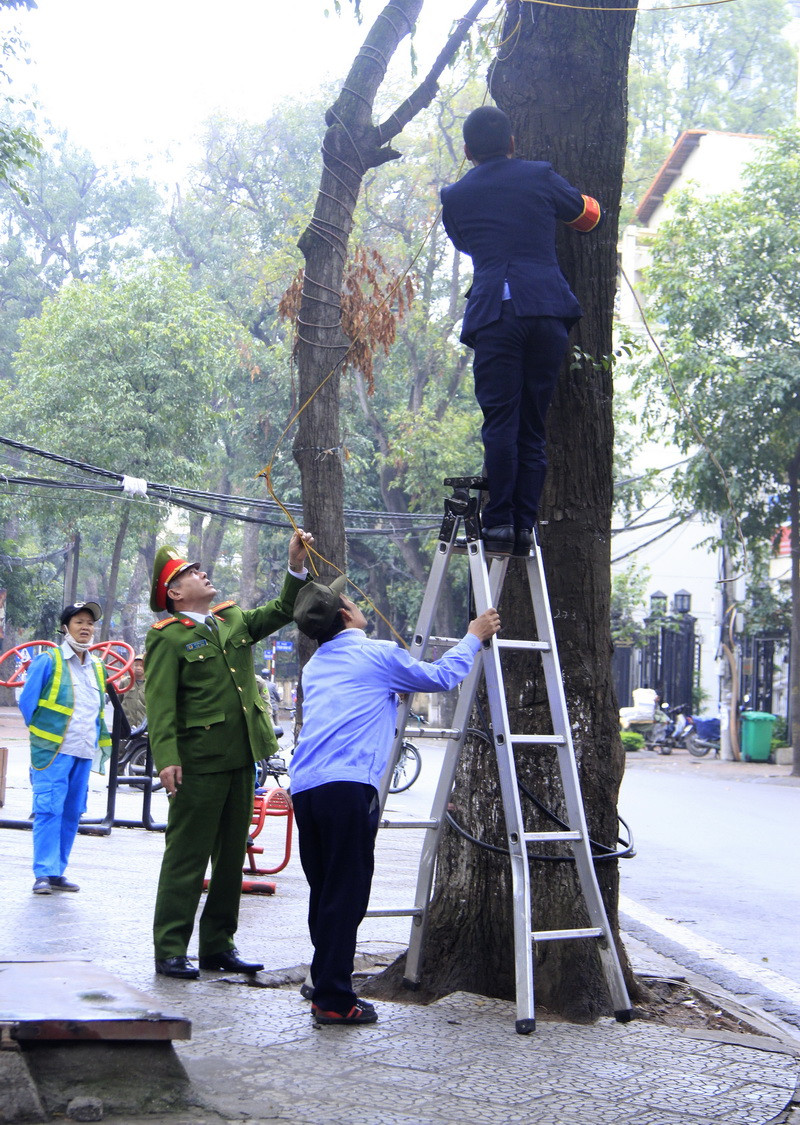 Lực lượng chức năng tiến hành tháo dỡ đường dây điện vi phạm trên phố Tăng Bạt Hổ. (Ảnh: Thùy Dương/TTXVN)
