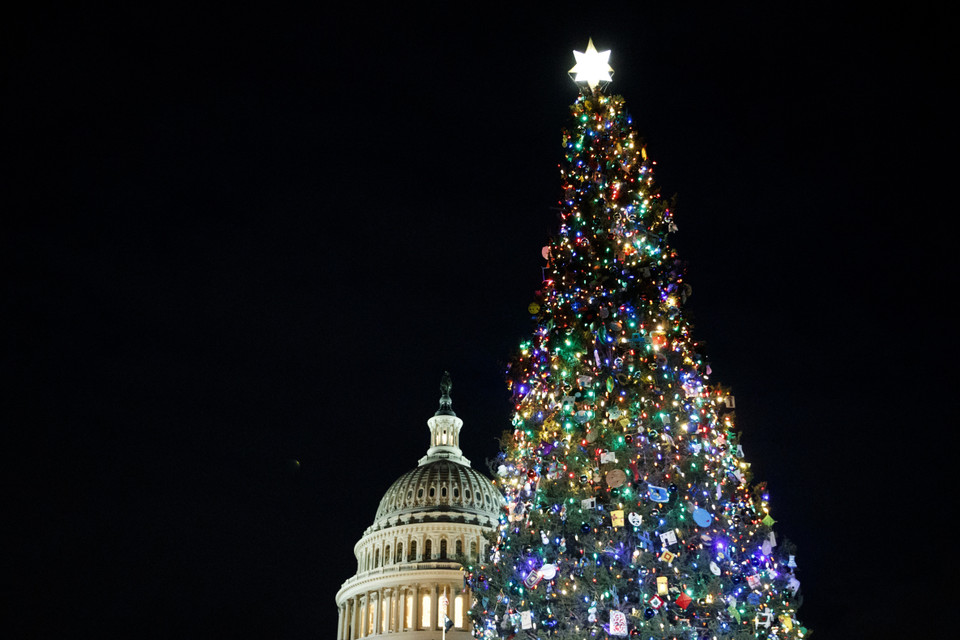 Cây thông Giáng sinh khổng lồ bên ngoài tòa nhà Quốc hội Mỹ ở Washington D.C., ngày 4/12/2019. (Ảnh: THX/TTXVN)