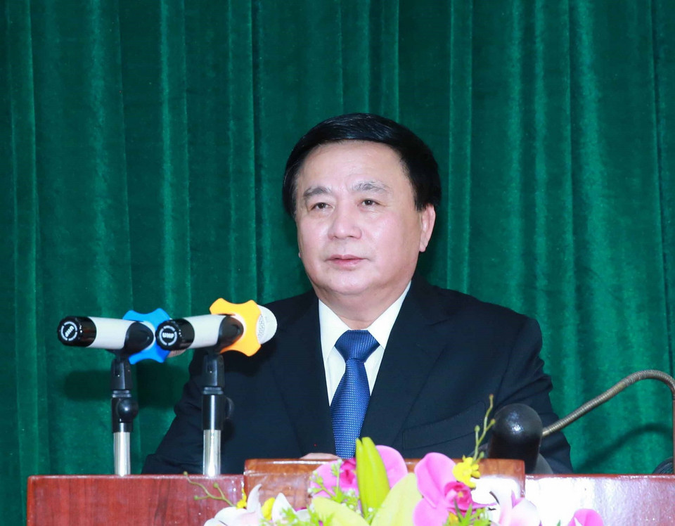 Đồng chí Nguyễn Xuân Thắng, Ủy viên Bộ Chính trị, Chủ tịch Hội đồng Lý luận Trung ương, Giám đốc Học viện Chính trị quốc gia Hồ Chí Minh phát biểu tại buổi lễ. (Ảnh: Phương Hoa/TTXVN)