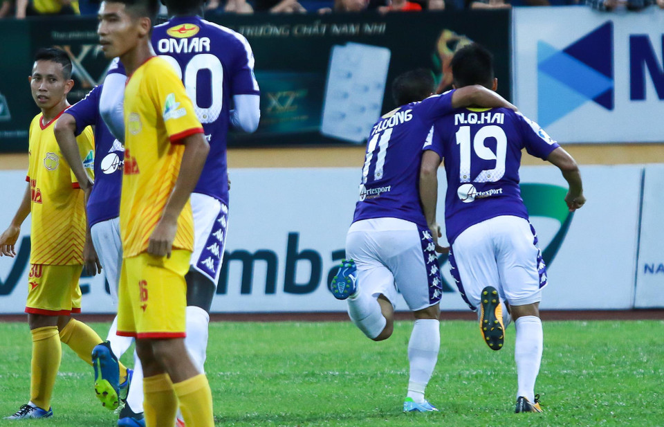 Quang Hải và Văn Quyết trở lại và thi đấu ấn tượng là dấu hiệu tốt cho Hà Nội FC khi tới đây họ phải thi đấu liên tục ở ba đấu trường gồm V-League, Cúp Quốc Gia và AFC Cup. (Ảnh: Nguyên An/Vietnam+)