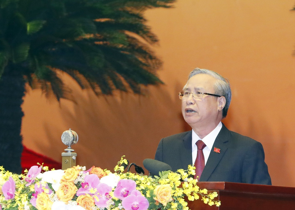 Ủy viên Bộ Chính trị, Thường trực Ban Bí thư Trần Quốc Vượng phát biểu khai mạc phiên trù bị Đại hội. (Ảnh: TTXVN)
