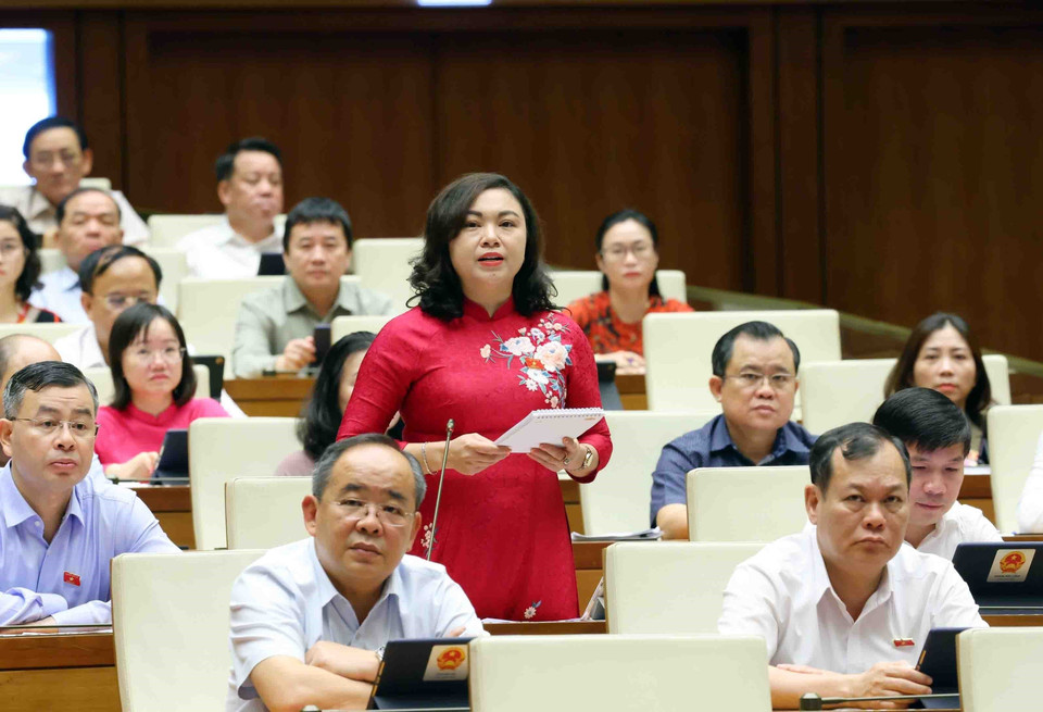 Đại biểu Quốc hội tỉnh Hoà Bình Đặng Bích Ngọc chất vấn Bộ trưởng Bộ Tài nguyên và Môi trường. (Ảnh: Phạm Kiên/TTXVN)