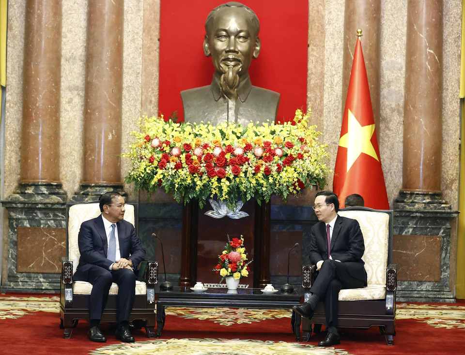 Hình ảnh Chủ tịch nước Võ Văn Thưởng tiếp Phó Thủ tướng, Bộ trưởng Ngoại giao và Hợp tác quốc tế Campuchia Prak Sokhonn. (Ảnh: Thống Nhất/TTXVN)