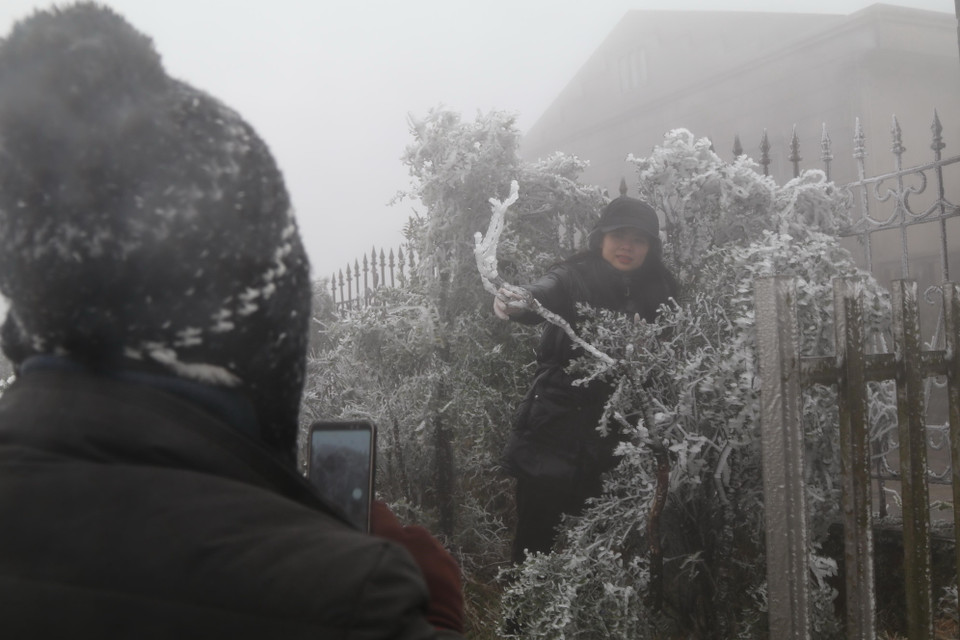 Khách du lịch hứng thú với băng tuyết tại Mẫu Sơn. (Ảnh: Quang Duy/TTXVN)