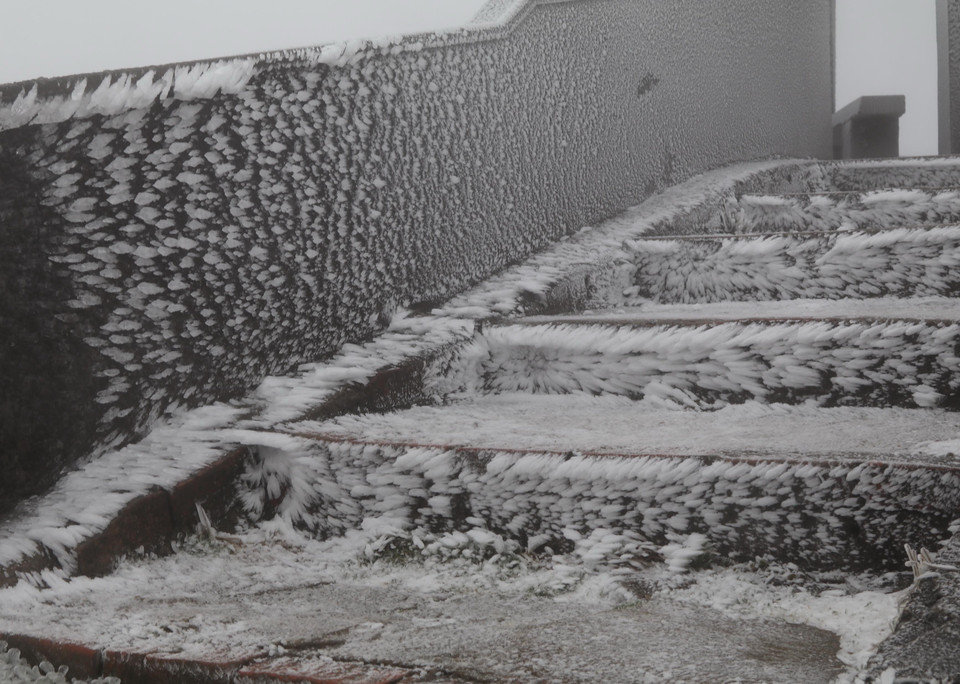 Băng tuyết phủ bám đầy mặt các ông trình trên Mẫu Sơn. (Ảnh: Quang Duy/TTXVN)