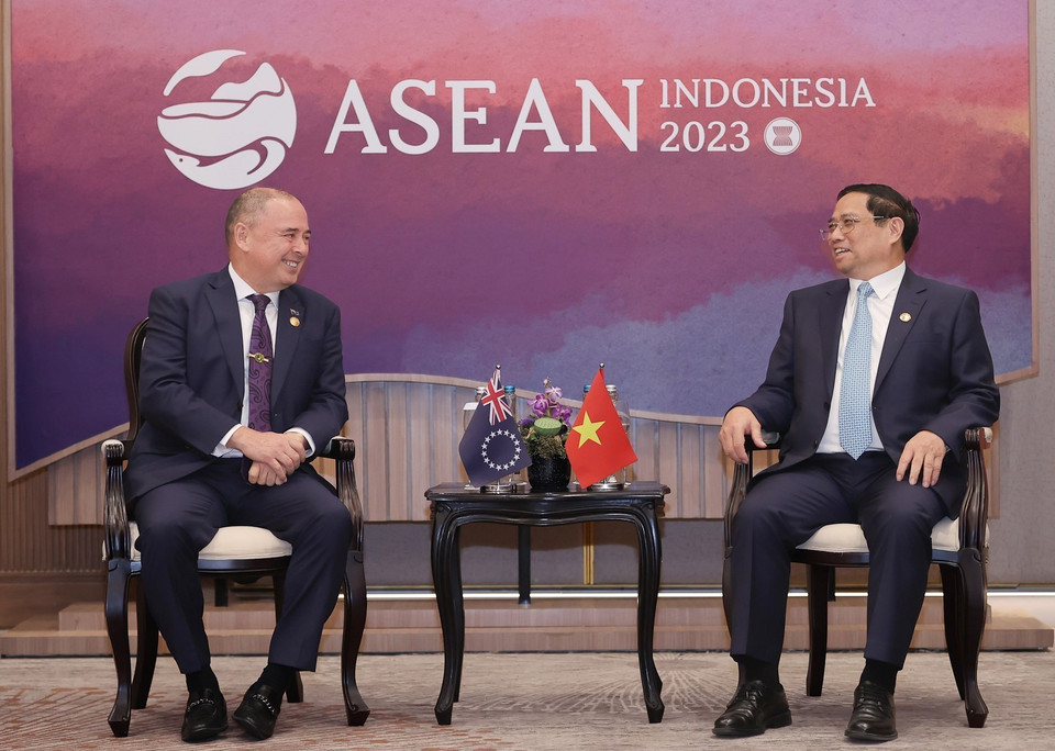 Chiều 7/9/2023, tại Jakarta, Indonesia, Thủ tướng Phạm Minh Chính gặp Ngài Mark Brown, Thủ tướng quần đảo Cook. (Ảnh: Dương Giang/TTXVN)