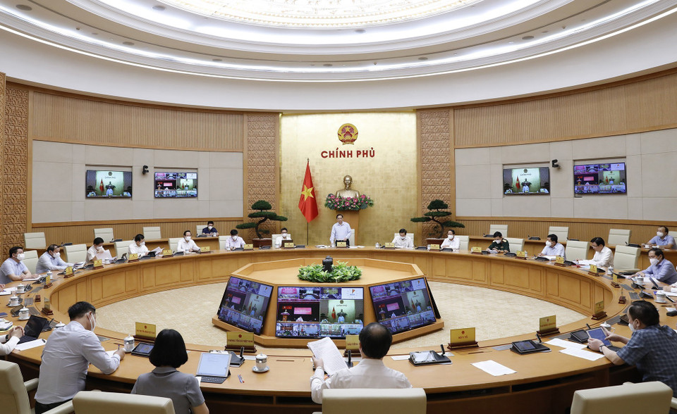 Quang cảnh Hội nghị trực tuyến sơ kết công tác phòng chống dịch COVID-19 tại các tỉnh, thành phố đang thực hiện giãn cách xã hội theo Chỉ thị số 16. (Ảnh: Dương Giang/TTXVN) 