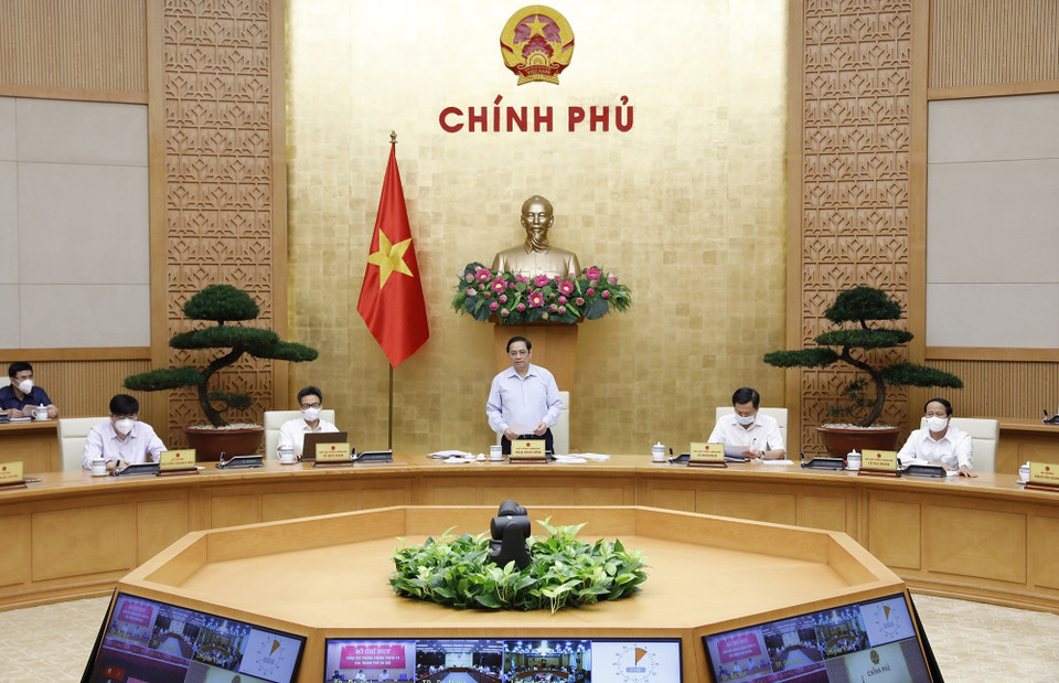 Hội nghị sơ kết công tác phòng chống dịch COVID-19 tại các tỉnh, thành phố đang thực hiện giãn cách xã hội theo Chỉ thị số 16. (Ảnh: Dương Giang/TTXVN) 