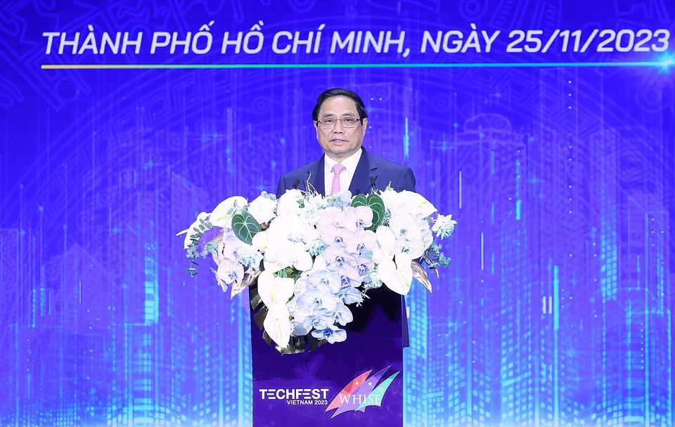 Thủ tướng Phạm Minh Chính phát biểu tại Techfest-Whise 2023. (Ảnh: Dương Giang/TTXVN)