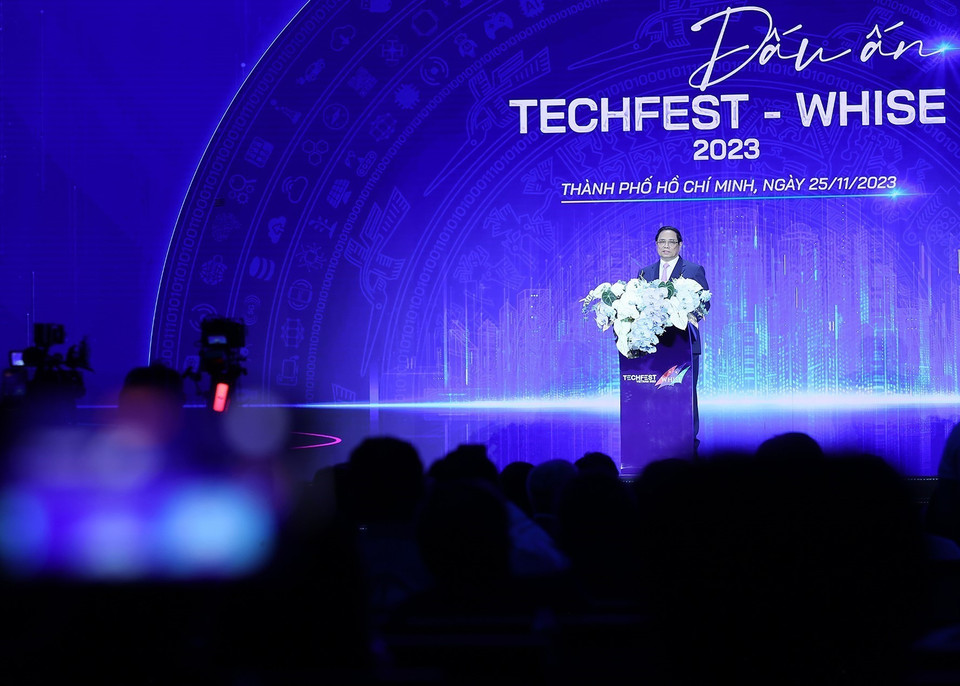 Thủ tướng Phạm Minh Chính phát biểu tại Techfest-Whise 2023. (Ảnh: Dương Giang/TTXVN)
