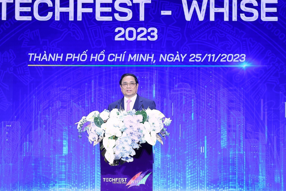 Thủ tướng Phạm Minh Chính phát biểu tại Techfest-Whise 2023. (Ảnh: Dương Giang/TTXVN)