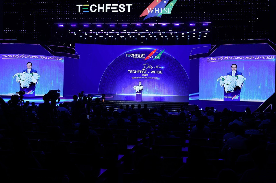 Thủ tướng Phạm Minh Chính phát biểu tại Techfest-Whise 2023. (Ảnh: Dương Giang/TTXVN)