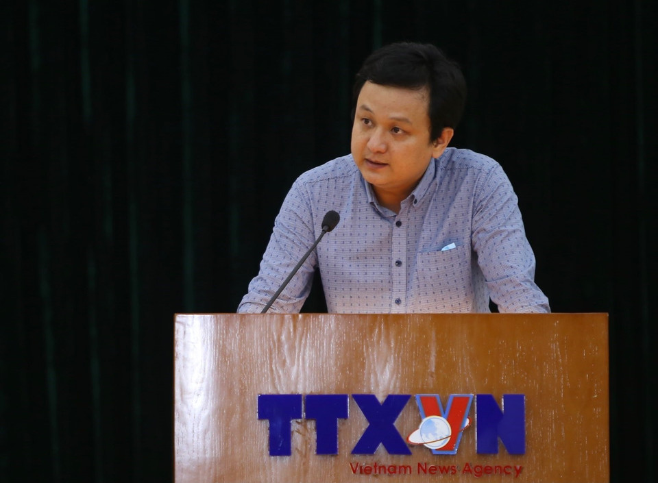 Bí thư Đảng bộ Trung tâm kỹ thuật Thông tấn xã Việt Nam Nguyễn Đức Vũ phát biểu. (Ảnh: Hoàng Hiếu/TTXVN)