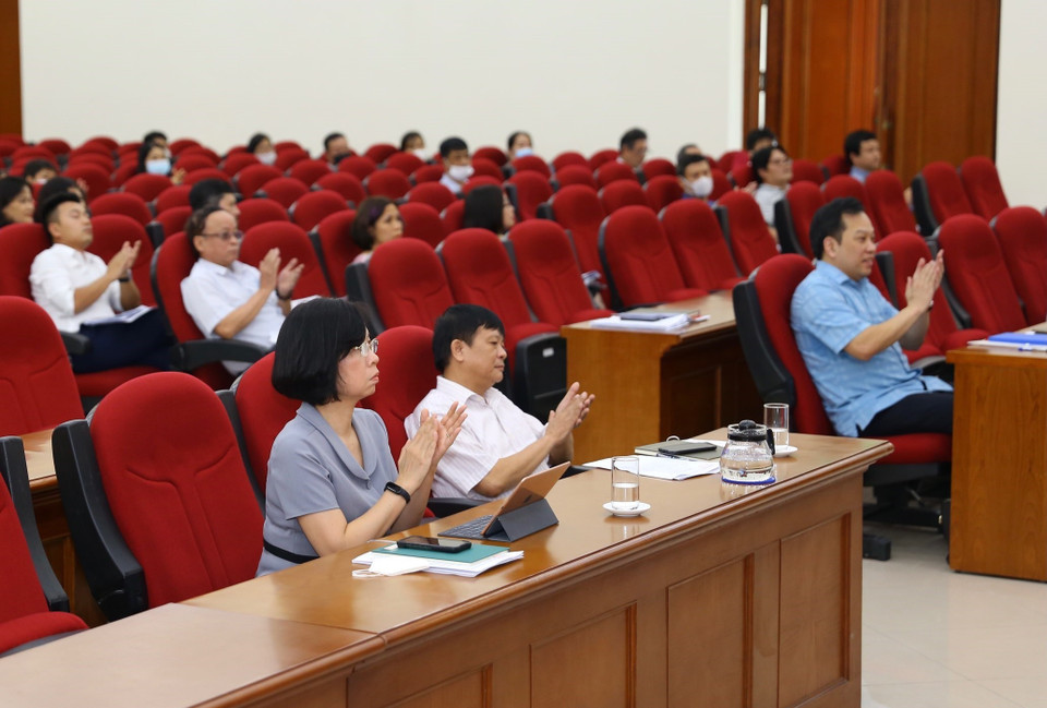 Các đại biểu dự Hội nghị tại điểm cầu Trung tâm thông tấn Quốc gia. (Ảnh: Hoàng Hiếu/TTXVN)