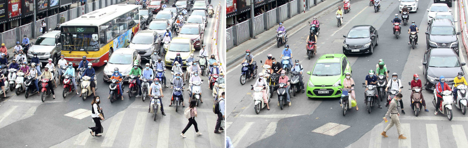 Lượng người tham gia giao thông trên phố Thái Hà ngày 22/7 (phải) đã giảm rõ rệt so với ngày đầu thực hiện Công điện số 15 (trái). (Ảnh: Tuấn Đức/TTXVN)