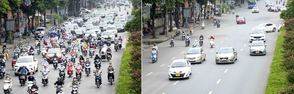 Lượng người tham gia giao thông trên phố Nguyễn Chí Thanh ngày 22/7 (phải) đã giảm rõ rệt so với ngày đầu thực hiện Công điện số 15 (trái). (Ảnh: Tuấn Đức/TTXVN)