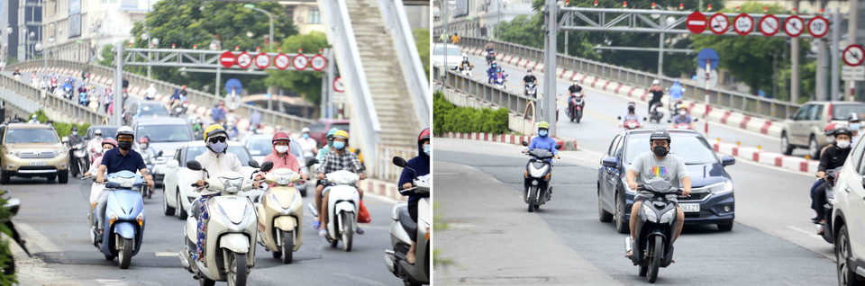 Trên phố Láng Hạ, lượng người tham gia giao thông ngày 22/7 (phải) đã giảm rõ rệt so với ngày đầu thực hiện Công điện số 15 (trái). (Ảnh: Tuấn Đức/TTXVN)
