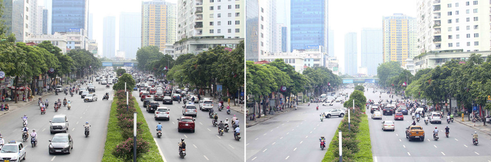 Trên phố Nguyễn Chí Thanh, lượng người tham gia giao thông ngày 22/7 (phải) đã giảm rõ rệt so với ngày đầu thực hiện Công điện số 15 (trái). (Ảnh: Tuấn Đức/TTXVN)