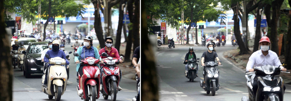 Lượng người tham gia giao thông trên phố Thái Thịnh ngày 22/7 (phải) đã giảm rõ rệt so với ngày đầu thực hiện Công điện số 15 (trái). (Ảnh: Tuấn Đức/TTXVN)