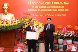 Chủ tịch nước Lương Cường trao Huy hiệu 40 năm tuổi Đảng tặng đồng chí Lê Khánh Hải. (Ảnh: Lâm Khánh/TTXVN)