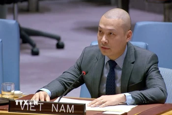 Công sứ Nguyễn Hoàng Nguyên, Đại biện lâm thời Phái đoàn thường trực Việt Nam tại LHQ phát biểu tại phiên thảo luận. (Ảnh: TTXVN phát)