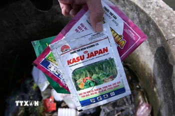 Người dân vứt vỏ thuốc bảo vệ thực vật vào bể chứa rác thải đặt tại đồng ruộng xã Nam Cường, huyện Nam Trực. (Ảnh: Công Luật/TTXVN)