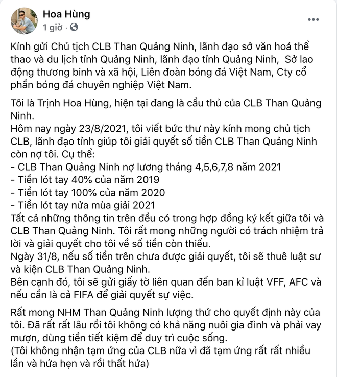 Cầu thủ Trịnh Hoa Hùng viết trên Facebook cá nhân. Cầu thủ tiếp tục đòi nợ, dọa kiện câu lạc bộ Than Quảng Ninh ảnh 1