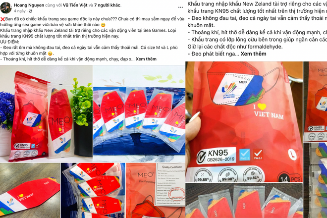 Khẩu trang phiên bản được thiết kế đặc biệt dành cho SEA Games 31 đang được chào bán trên mạng xã hội với mức giá 110.000 đồng/gói 14 chiếc. (Ảnh: Facebook) Khẩu trang, gel rửa tay tung phiên bản giới hạn ‘hòa nhịp’ SEA Games ảnh 1