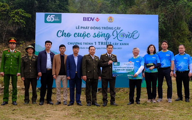 Đại diện Ban lãnh đạo BIDV trao tặng 2000 cây xanh cho Vườn Quốc gia Ba Vì. (Ảnh: Vietnam+) BIDV công bố các chương trình an sinh xã hội nhân kỷ niệm 65 năm ảnh 2