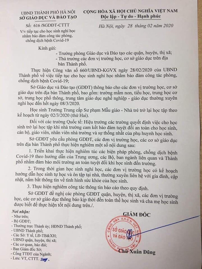 Công văn số 616/SGDĐT-CNTT về việc thực hiện Công văn chỉ đạo số 660/UBND-KGVX ngày 28/2 của UBND Thành phố Hà Nội về việc cho học sinh nghỉ học đảm bảo công tác phòng chống dịch bệnh COVID-19 Trường Quốc tế học từ 2/3: Phải cam kết đảm bảo an toàn tuyệt đối ảnh 2