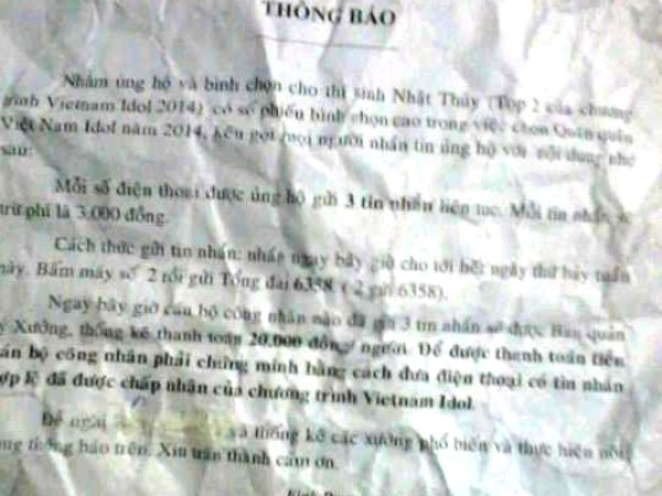 Toàn văn tờ thông báo kêu gọi nhắn tin bình chọn cho Nhật Thủy được đăng tải trên mạng. (Ảnh: PV chụp từ màn hình trang Zing.vn) “Nghi án mua bình chọn cho Nhật Thủy là không xác thực" ảnh 2