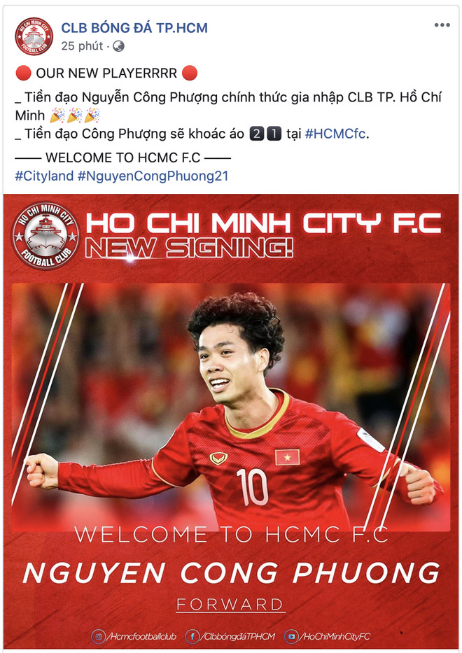 Câu lạc bộ Thành phố Hồ Chí Minh công bố chiêu mộ thành công tiền đạo Công Phượng. (Ảnh: CLB TP.HCM) Công Phượng chính thức về CLB TP.HCM sau nhiều đồn đoán ảnh 1