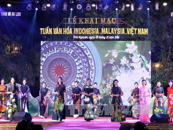 Trình diễn trang phục truyền thống Indonesi, Malaysia và Việt Nam tại lễ khai mạc. (Ảnh: Thu Hằng/TTXVN) Tuần văn hóa Malaysia - Indonesia -Việt Nam: Hội tụ sắc màu ảnh 1