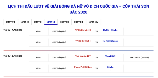 Lịch thi đấu vòng 11 Giải bóng đá nữ Vô địch Quốc gia 2020. (Ảnh: VFF) Bóng đá nữ Vô địch Quốc gia 2020: Kịch tính ở những vòng đấu cuối cùng ảnh 3