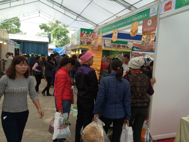 Người tiêu dùng xếp hàng lựa chọn sản phẩm. (Ảnh: Thanh Tâm/Vietnam+) Hội chợ AgroViet 2016 “cháy hàng” ngay trong buổi khai mạc ảnh 8