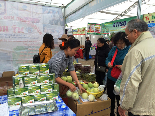 Một số loại sản phẩm hoa quả đã vơi hàng. (Ảnh: Thanh Tâm/Vietnam+) Hội chợ AgroViet 2016 “cháy hàng” ngay trong buổi khai mạc ảnh 6