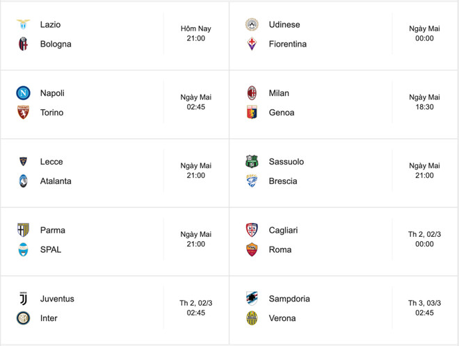 Lịch thi đấu vòng 26 Serie A mùa giải 2019/2020. (Ảnh: Chụp màn hình) Trận cầu đinh Juventus-Inter Milan đấu kín vì dịch COVID-19 ảnh 1
