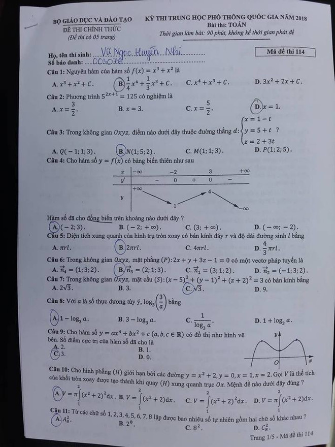 Đề thi chính thức môn Toán Kỳ thi trung học phổ thông quốc gia ảnh 1