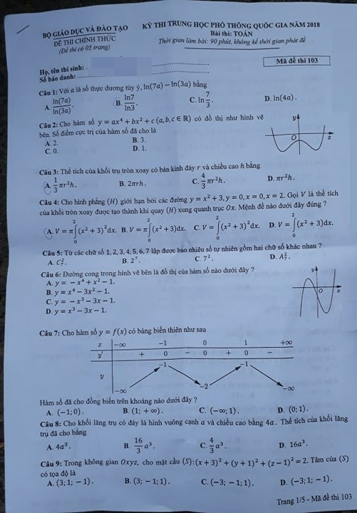 Gợi ý giải đề Toán kỳ thi Trung học Phổ thông Quốc gia năm 2018 ảnh 3