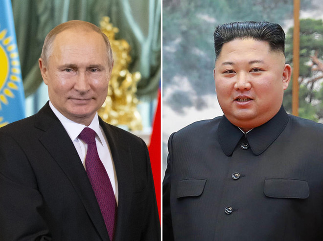 Tổng thống Nga Vladimir Putin (trái) và nhà lãnh đạo Triều Tiên Kim Jong-un (phải). (Nguồn: AFP/TTXVN) Thượng đỉnh Nga - Triều: Tổng thống Nga tới Vladivostok ảnh 1
