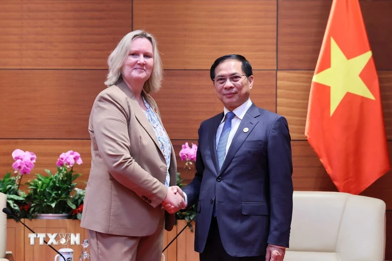 Phó Thủ tướng, Bộ trưởng Ngoại giao Bùi Thanh Sơn tiếp Quốc vụ khanh Bộ Ngoại giao Đan Mạch. (Ảnh: An Đăng/TTXVN)
