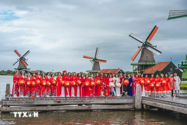 Tự hào những tà áo dài Việt Nam uyển chuyển giữa khung cảnh làng Cối xây gió - biểu tượng của đất nước Hà Lan. (Ảnh: TTXVN)