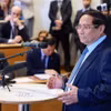 Thủ tướng Phạm Minh Chính phát biểu về chính sách của Việt Nam tại Đại học Kinh tế Stockholm. (Ảnh: Dương Giang/TTXVN)