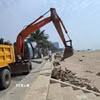 Rác, cành cây, gốc cây được thu gom thành từng đống, sau đó các xe chuyên dụng vận chuyển đi xử lý. (Ảnh: Hoa Mai/TTXVN)