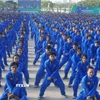 Học sinh tham gia đồng diễn võ nhạc Vovinam. (Ảnh: Thu Hoài/TTXVN)