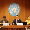 Đại sứ Mai Phan Dũng - Trưởng Phái đoàn thường trực Việt Nam tại Geneva (ngồi giữa) phát biểu tại một phiên thảo luận. (Ảnh: Anh Hiển/TTXVN)