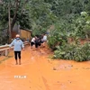 Bão số 10 làm tuyến đường độc đạo đi Cửa khẩu Quốc tế Nậm Cắn (Nghệ An) tê liệt vì sạt lở đất. (Ảnh: TTXVN phát)