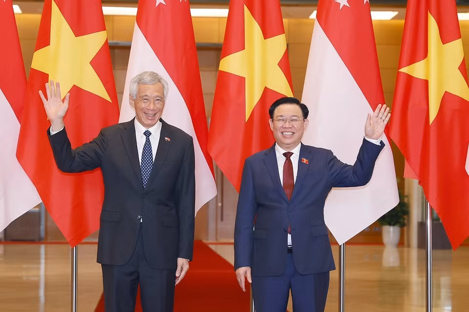 Chiều 28/8/2023, tại Nhà Quốc hội, Chủ tịch Quốc hội Vương Đình Huệ tiếp Thủ tướng Singapore Lý Hiển Long thăm chính thức Việt Nam. (Ảnh: Doãn Tấn/TTXVN)