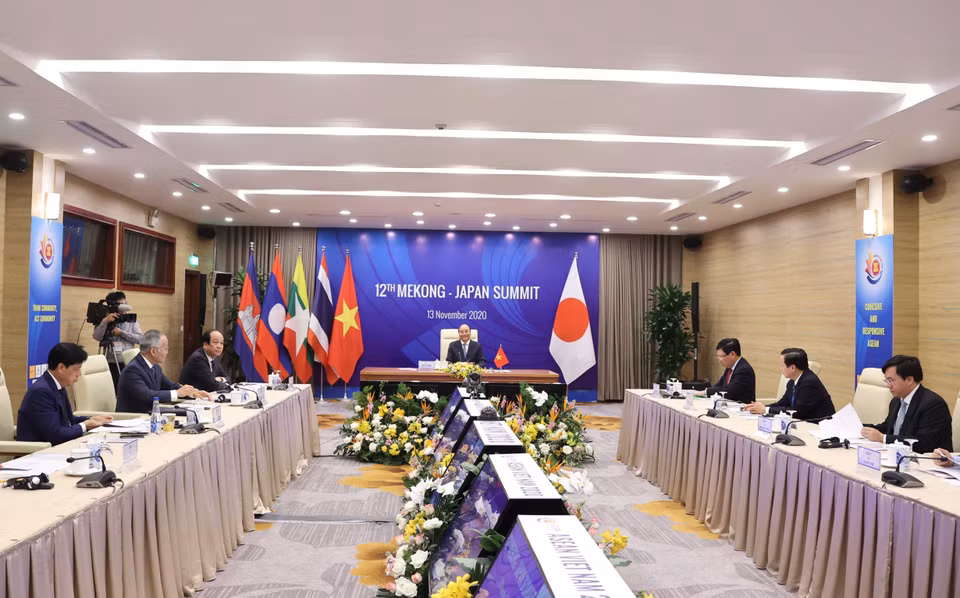 Hội nghị Cấp cao Mekong-Nhật Bản lần thứ 12 tại điểm cầu Hà Nội. (Ảnh: Thống Nhất/TTXVN)